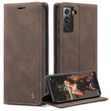 CASEME-013-Series-For-Samsung-Galaxy-S21-FE-Wallet-Stand-Cover-Automatic-Suction-Leather-Case-Coffee