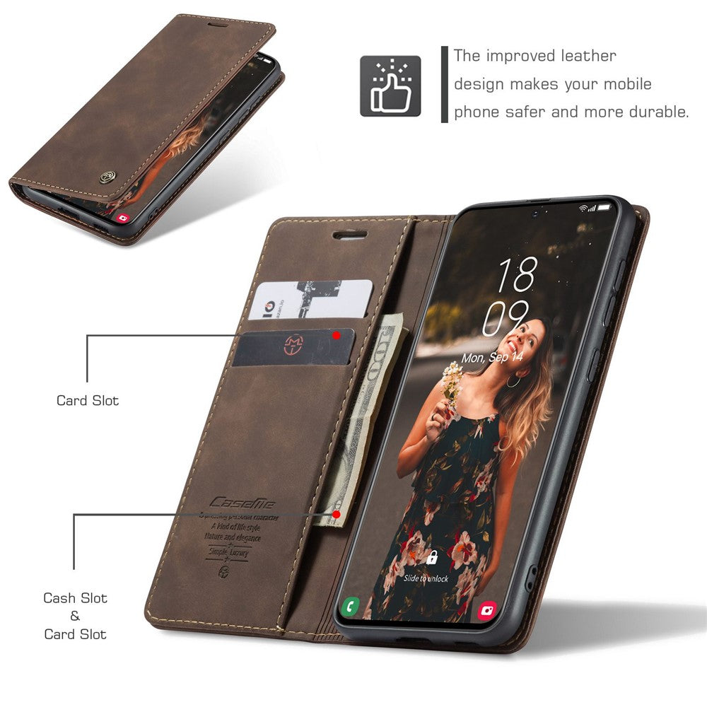 CASEME-013-Series-For-Samsung-Galaxy-S21-FE-Wallet-Stand-Cover-Automatic-Suction-Leather-Case-Coffee