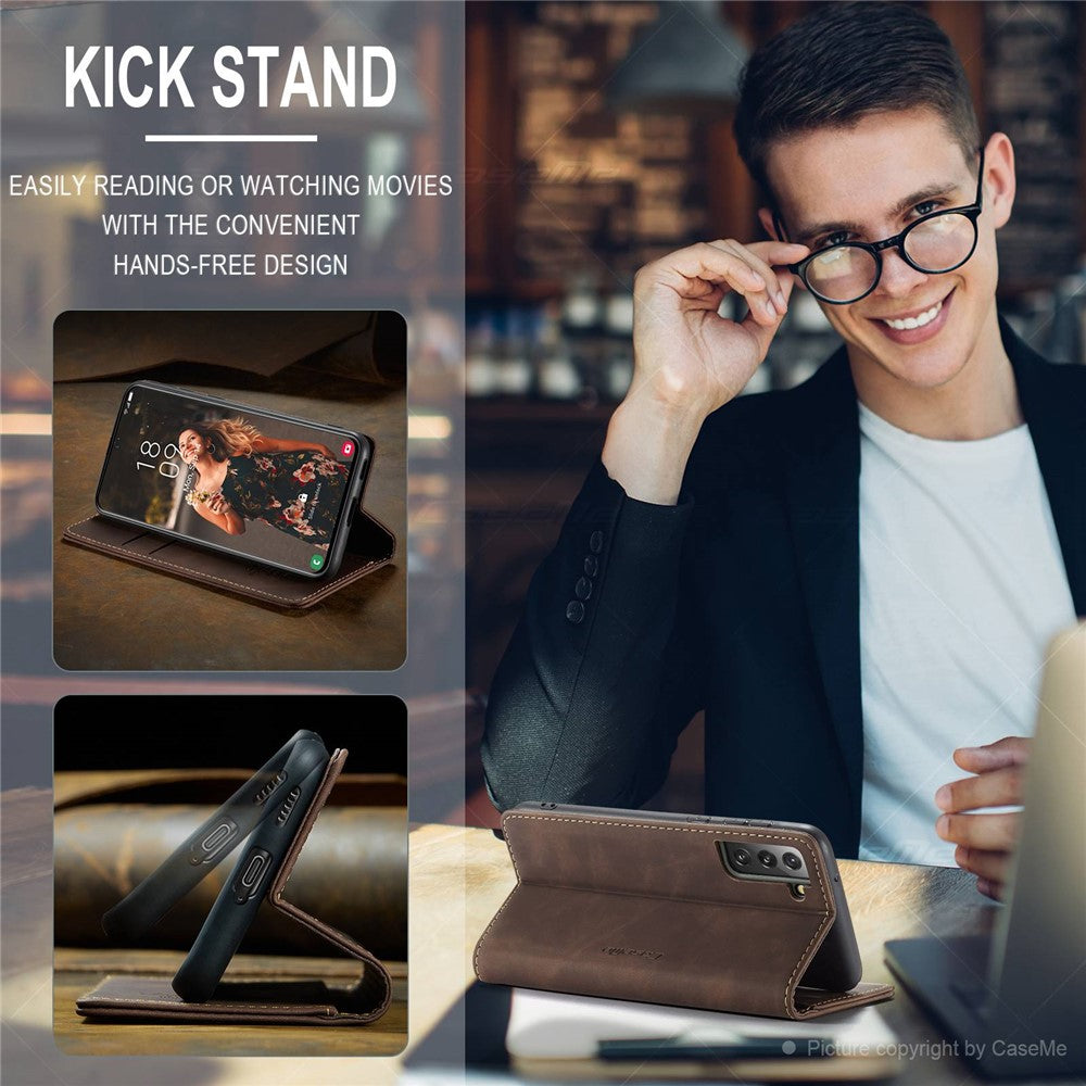 CASEME-013-Series-For-Samsung-Galaxy-S21-FE-Wallet-Stand-Cover-Automatic-Suction-Leather-Case-Coffee