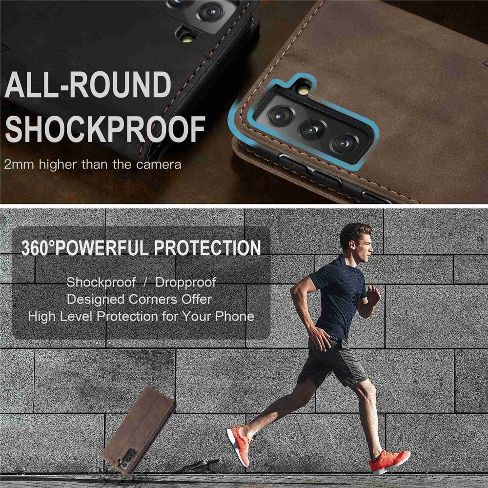 CASEME-013-Series-For-Samsung-Galaxy-S21-FE-Wallet-Stand-Cover-Automatic-Suction-Leather-Case-Coffee