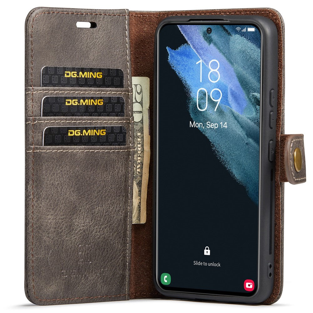 DG.MING-For-Samsung-Galaxy-S22-5G-Detachable-2-in-1-Split-Leather-Full-Protection-Shell-Wallet-Cover-TPU-Inner-Phone-Case-Grey