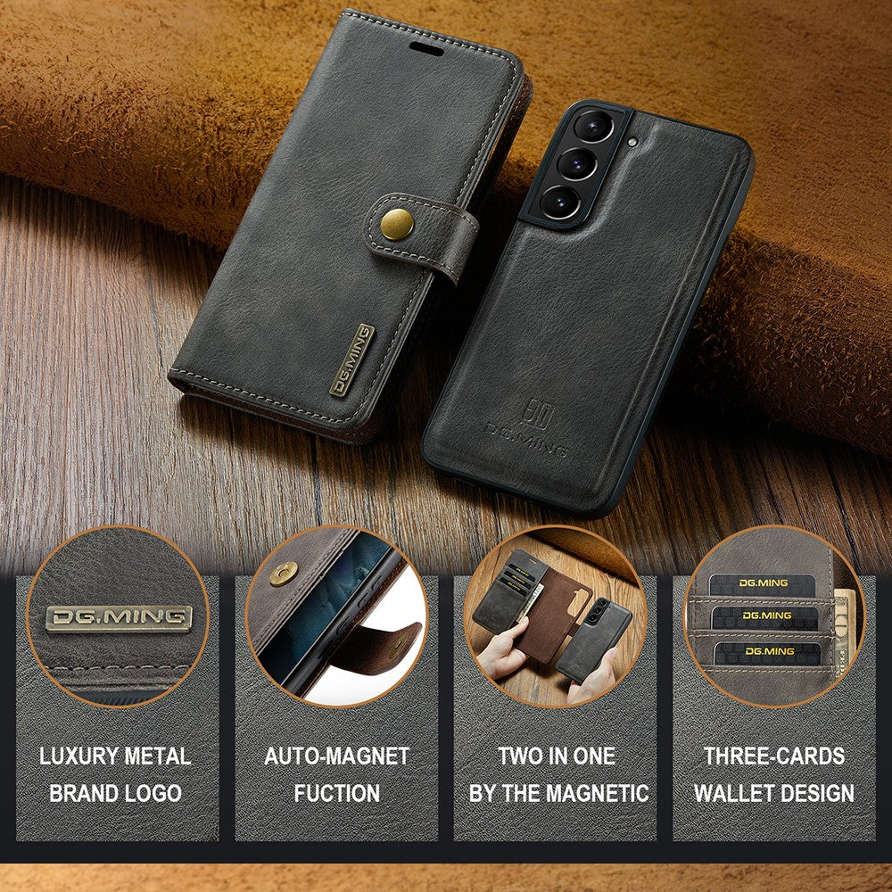 DG.MING-For-Samsung-Galaxy-S22-5G-Detachable-2-in-1-Split-Leather-Full-Protection-Shell-Wallet-Cover-TPU-Inner-Phone-Case-Grey