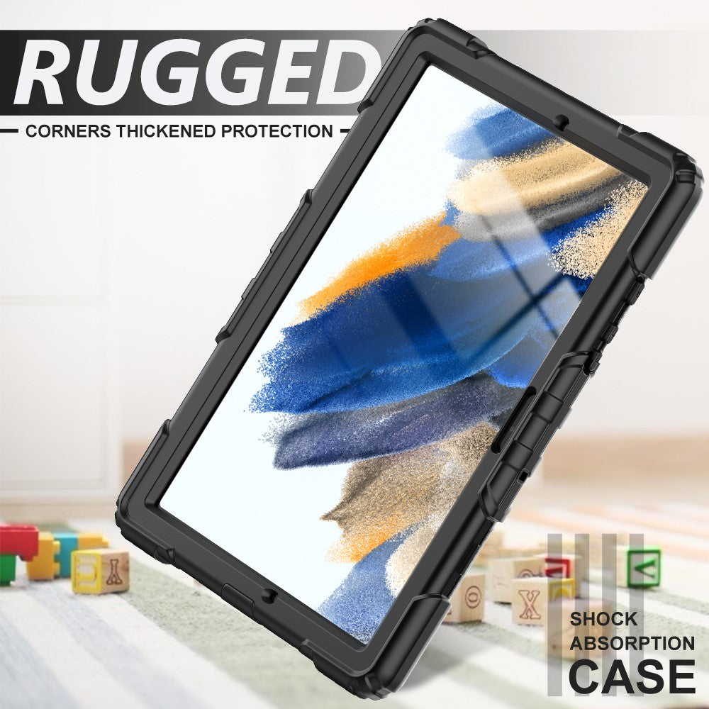 For-Samsung-Galaxy-Tab-A8-10.5-(2021)-/-(2022)-Wi-Fi-SM-X200-/-LTE-SM-X205-Hard-PC-Soft-Silicone-Case-with-PET-Screen-Protector-Swivel-Kickstand-Shockproof-Cover-with-Hand-/-Shoulder-Strap-Black-/-Black