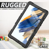 For-Samsung-Galaxy-Tab-A8-10.5-(2021)-/-(2022)-Wi-Fi-SM-X200-/-LTE-SM-X205-Hard-PC-Soft-Silicone-Case-with-PET-Screen-Protector-Swivel-Kickstand-Shockproof-Cover-with-Hand-/-Shoulder-Strap-Black-/-Black