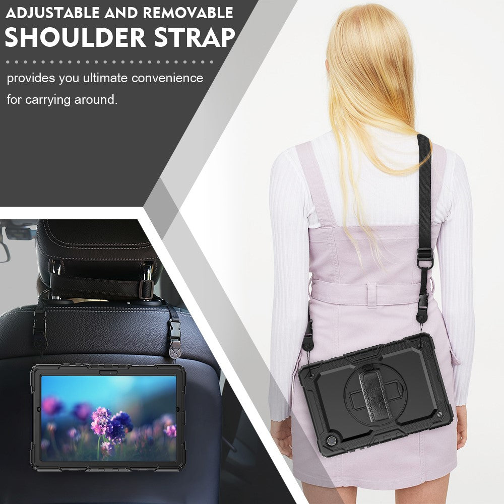 For-Samsung-Galaxy-Tab-A8-10.5-(2021)-/-(2022)-Wi-Fi-SM-X200-/-LTE-SM-X205-Hard-PC-Soft-Silicone-Case-with-PET-Screen-Protector-Swivel-Kickstand-Shockproof-Cover-with-Hand-/-Shoulder-Strap-Black-/-Black