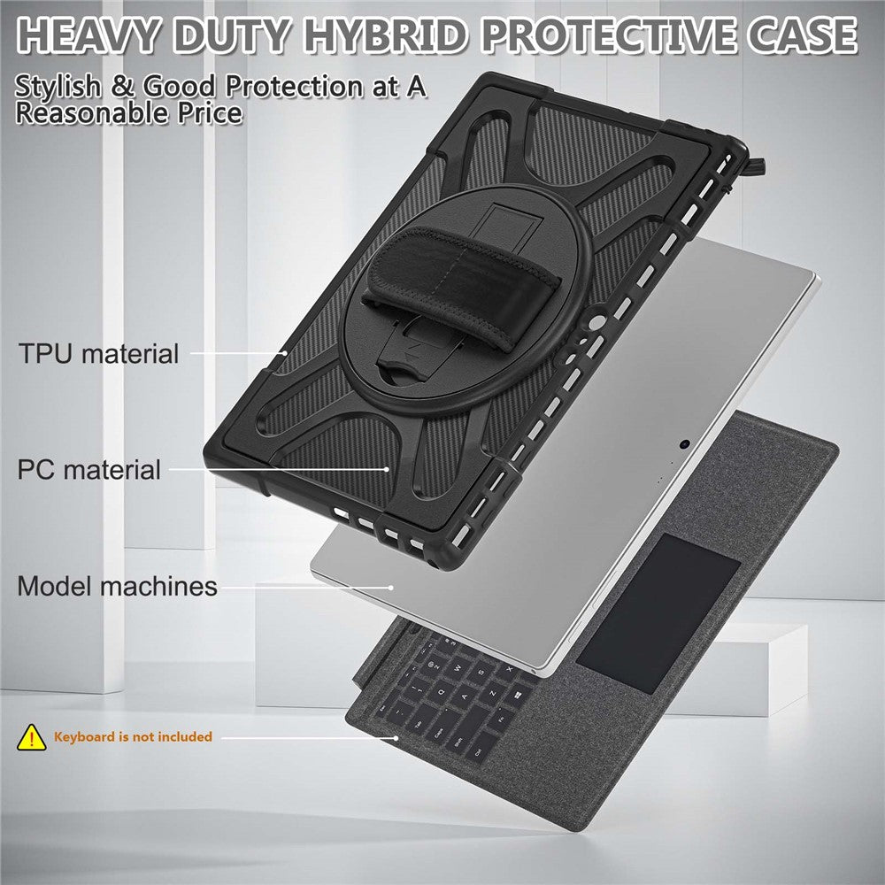 For-Microsoft-Surface-Pro-4/5/6/7/7+-Kickstand-Tablet-Case-Hybrid-2-in-1-Hard-PC-+-TPU-Dual-Layer-Shockproof-Cover-with-Hand-Strap-Black