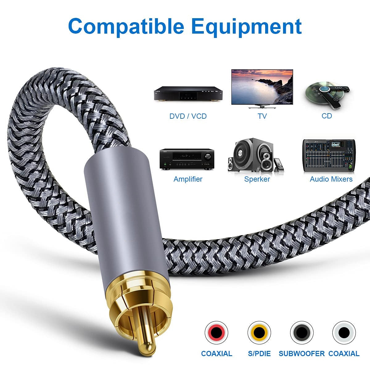 10m-Pure-Copper-RCA-Coaxial-HIFI-Digital-Audio-Cable-SPDIF-Subwoofer-Speaker-Cable(Silver-Gray)