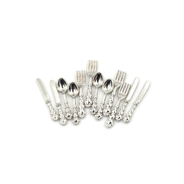 12-PCS-/-Set-Simulation-Kitchen-Food-Furniture-Toys-Dollhouse-Miniature-Accessories-1:12-Fork-Knife-Soup-Spoon-Tableware(Silver)