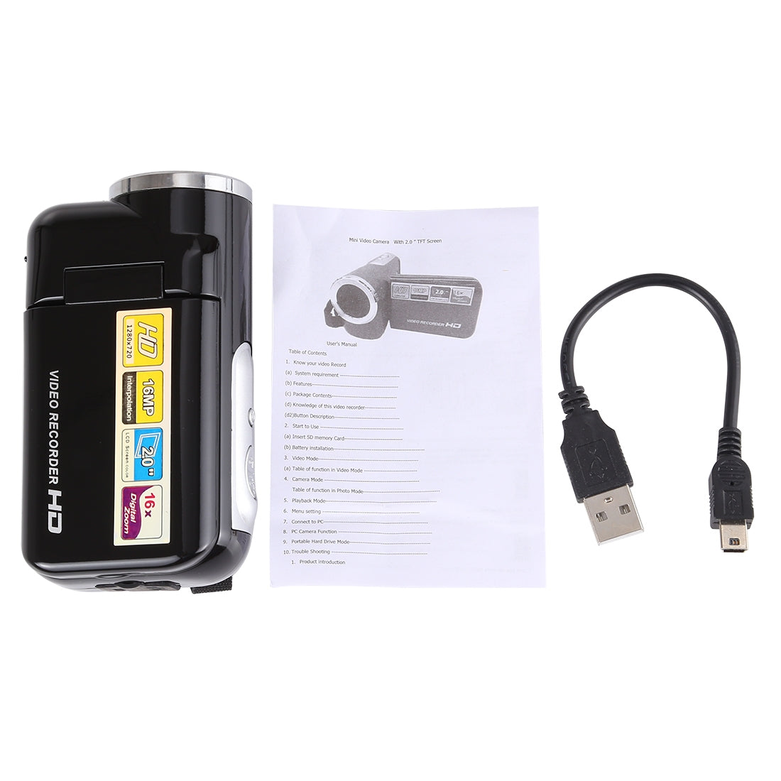 1280x720P-HD-16X-Digital-Zoom-16.0-MP-Digital-Video-Camera-Recorder-with-2.0-inch-LCD-Screen(Black)