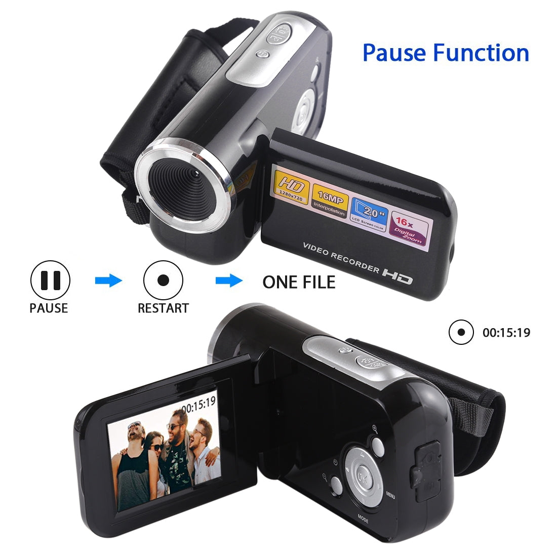 1280x720P-HD-16X-Digital-Zoom-16.0-MP-Digital-Video-Camera-Recorder-with-2.0-inch-LCD-Screen(Black)