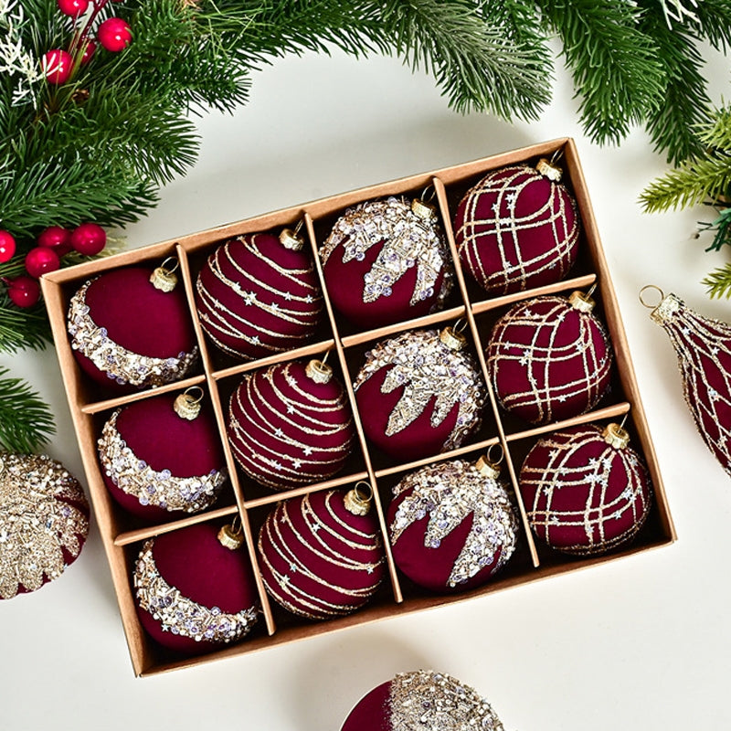 12pcs-/Box-6cm-Diamond-Flocked-Christmas-Balls-Painted-Christmas-Tree-Ornaments(Red-Wine)