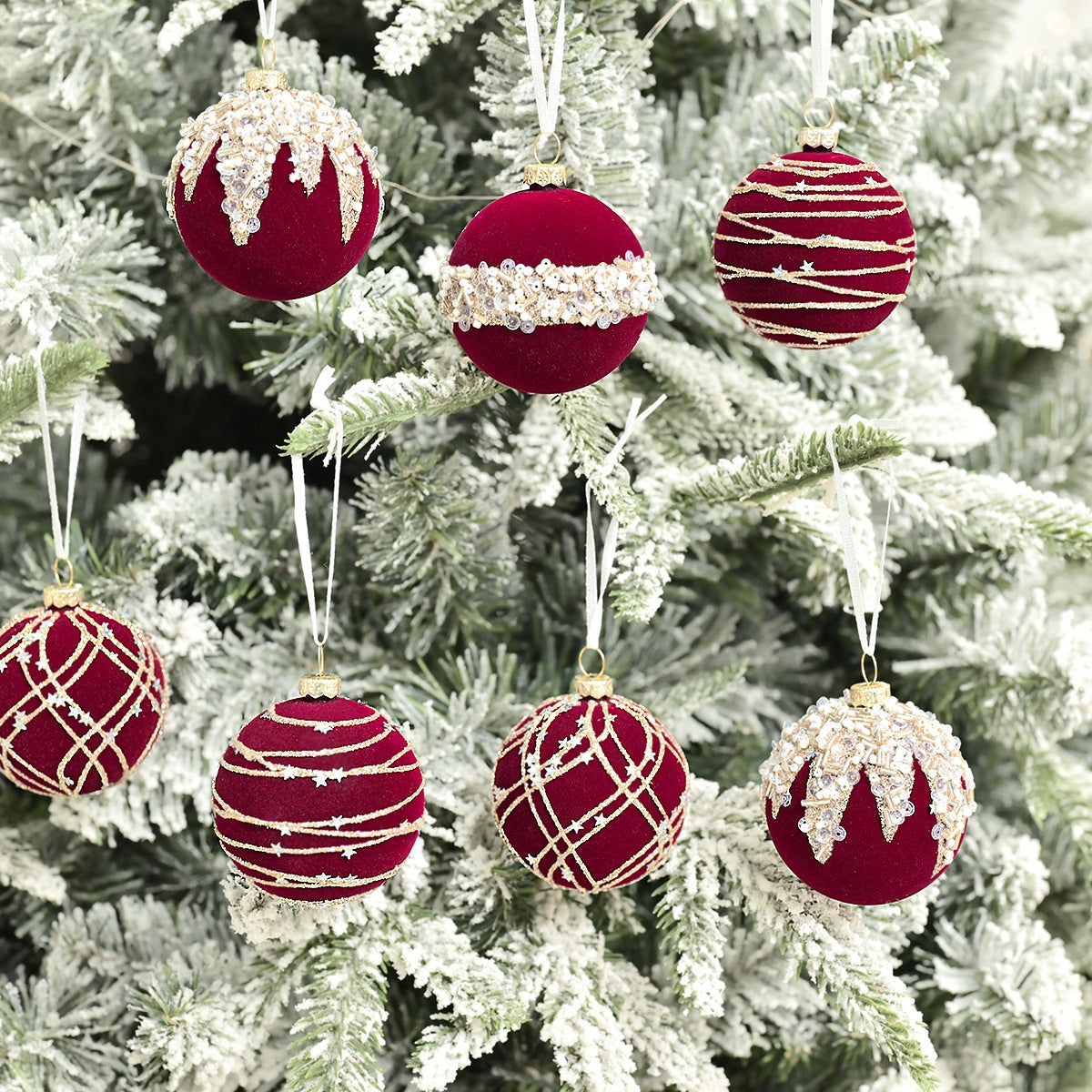 12pcs-/Box-6cm-Diamond-Flocked-Christmas-Balls-Painted-Christmas-Tree-Ornaments(Red-Wine)