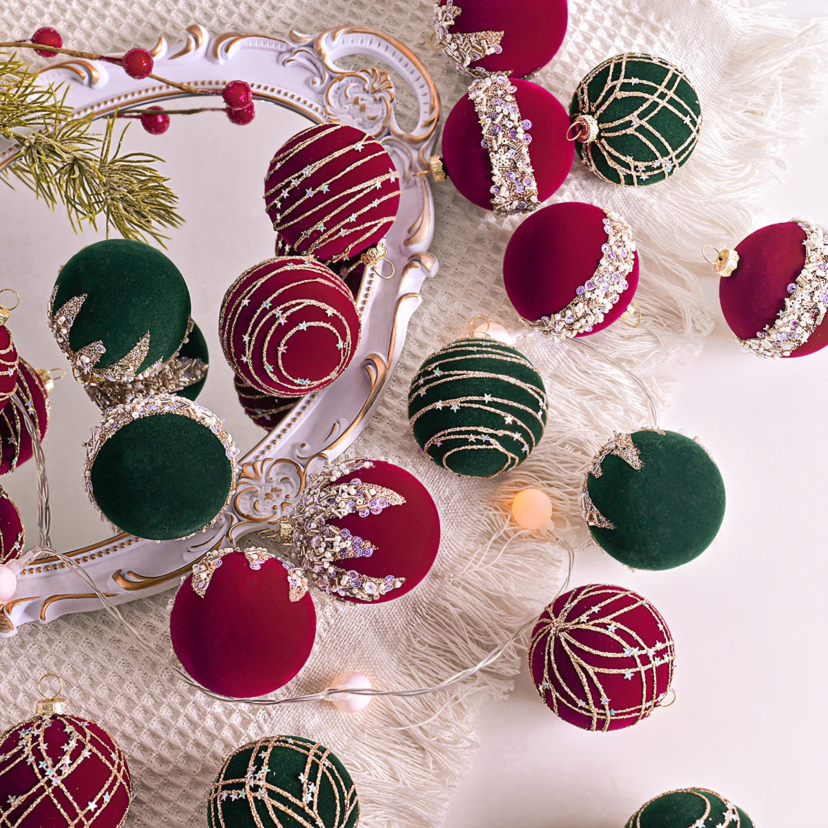 12pcs-/Box-6cm-Diamond-Flocked-Christmas-Balls-Painted-Christmas-Tree-Ornaments(Red-Wine)