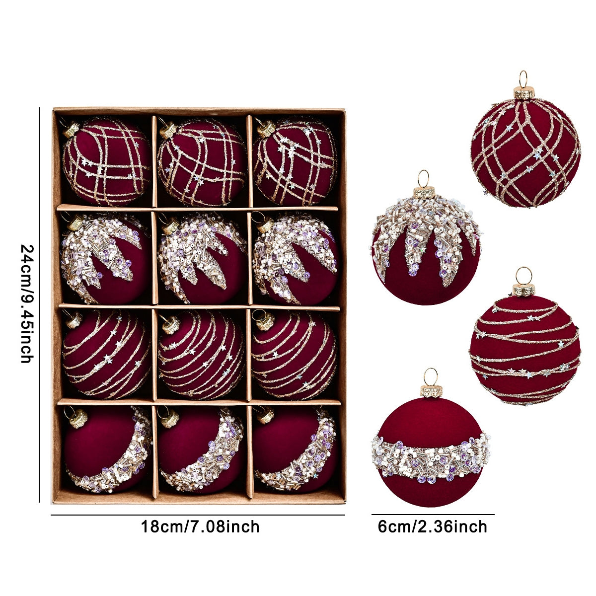 12pcs-/Box-6cm-Diamond-Flocked-Christmas-Balls-Painted-Christmas-Tree-Ornaments(Red-Wine)