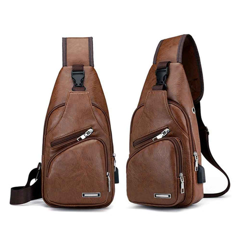 Men's Leather Sling Bag Chest Bag Shoulder Backpack Fanny Pack Crossbody Bag with USB Charging Port - Brown