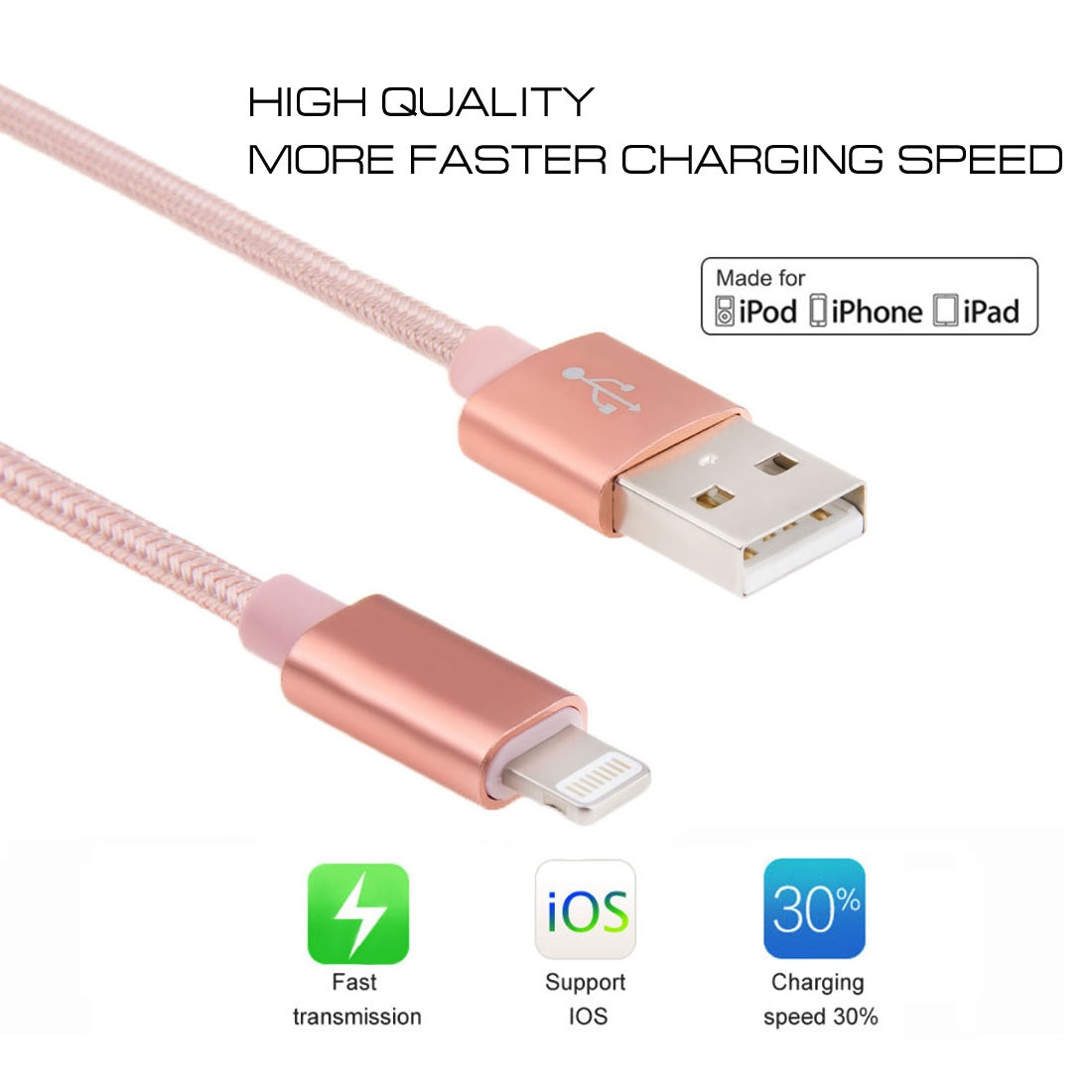 1m-3A-Woven-Style-Metal-Head-8-Pin-to-USB-Data-/-Charger-Cable(Rose-Gold)