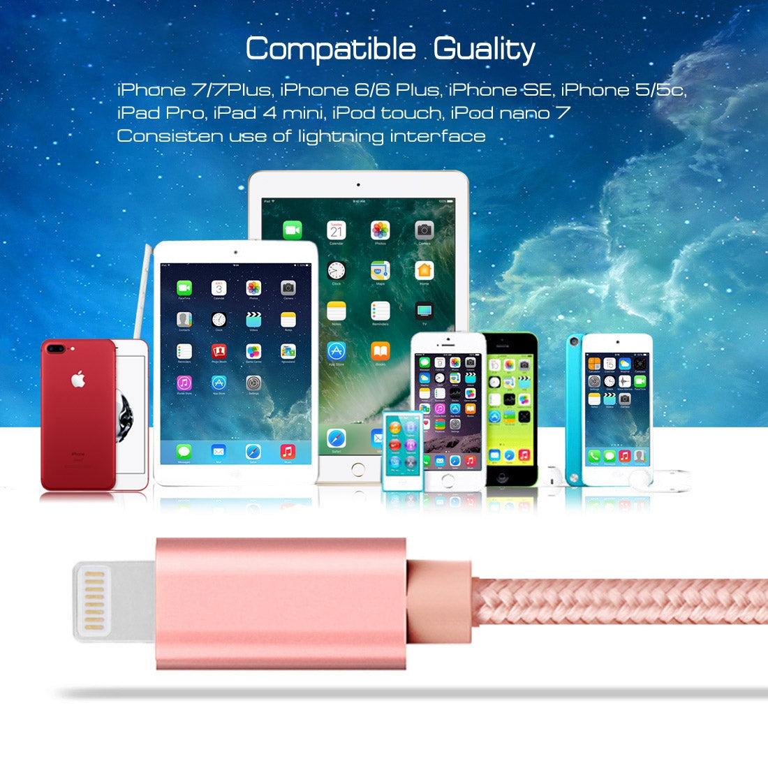 1m-3A-Woven-Style-Metal-Head-8-Pin-to-USB-Data-/-Charger-Cable(Rose-Gold)