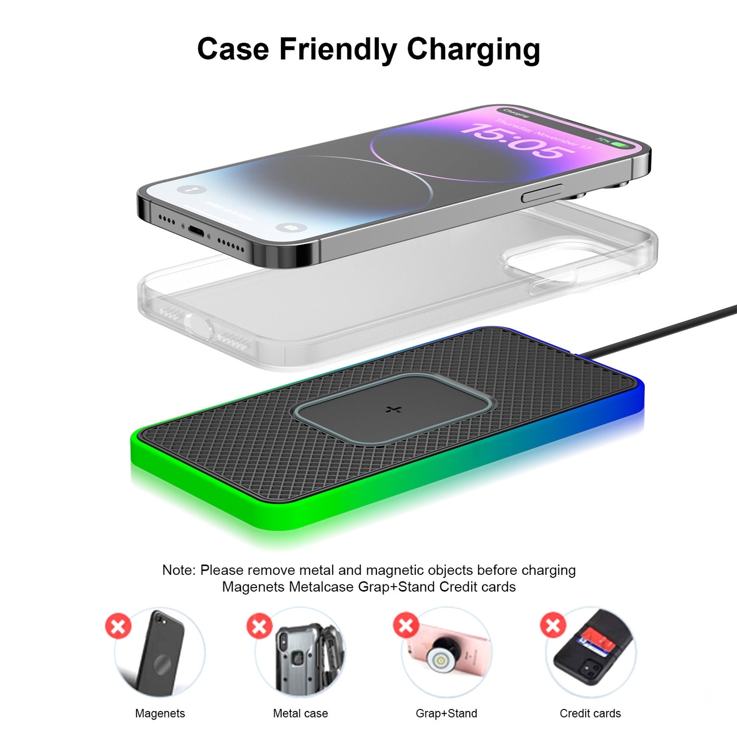2-In-1-15W-Car-Mobile-Phone-Wireless-Charger-Non-slip-Mat-with-Colorful-Light-USB-Cable-0.3m