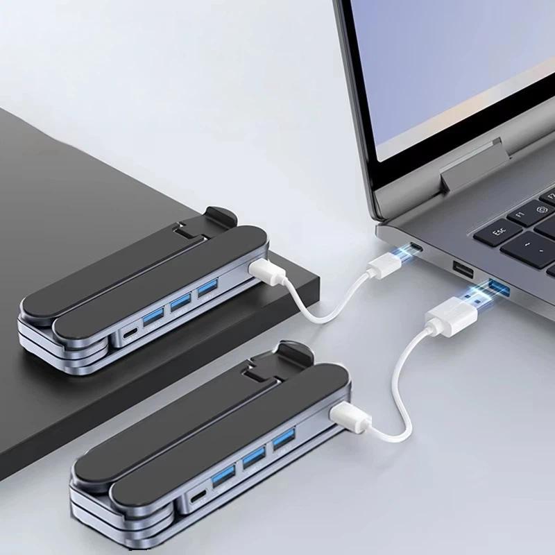 2-in-1-Foldable-Laptop-Stand-with-USB-C-Docking-Station-3x-USB-A-3.0-Ports-&-1x-USB-C-Port(Gray)