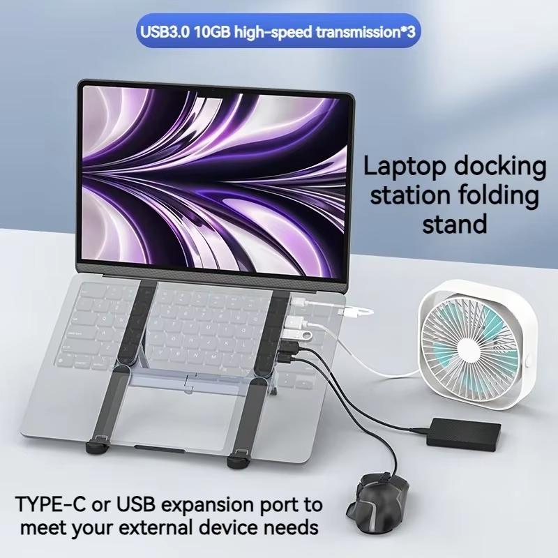 2-in-1-Foldable-Laptop-Stand-with-USB-C-Docking-Station-3x-USB-A-3.0-Ports-&-1x-USB-C-Port(Gray)