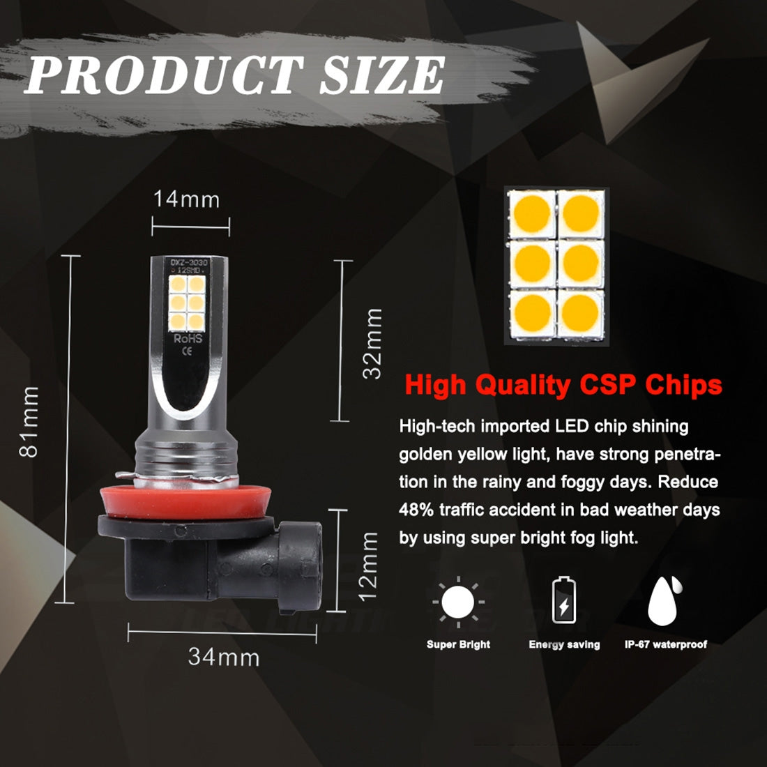 2-PCS-H11-/-H8-DC12V-24V-/-12W-/-3000K-/-800LM-12LEDs-SMD-3030-Car-LED-Fog-Light-(Yellow-Light)