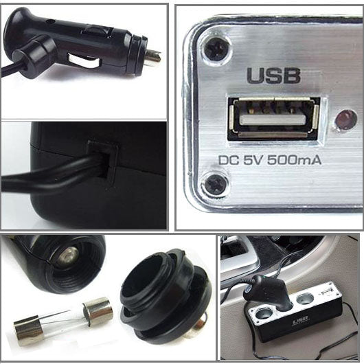 3-Triple-Socket-12V/24V-Car-Cigarette-Lighter-USB-Power(Black)