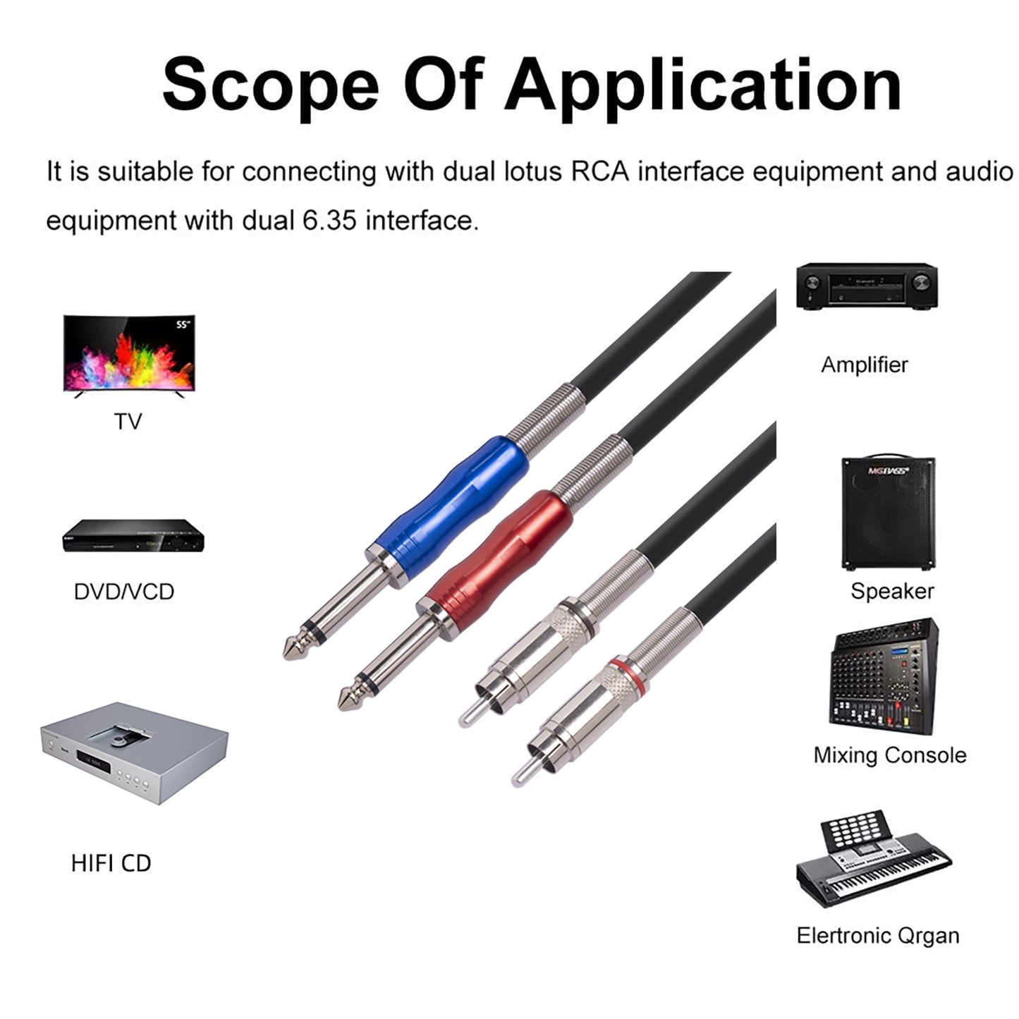 3051K63-Dual-RCA-Male-to-Dual-6.35mm-1/4-inch-Male-Mixer-Audio-Cable,-Length:1m