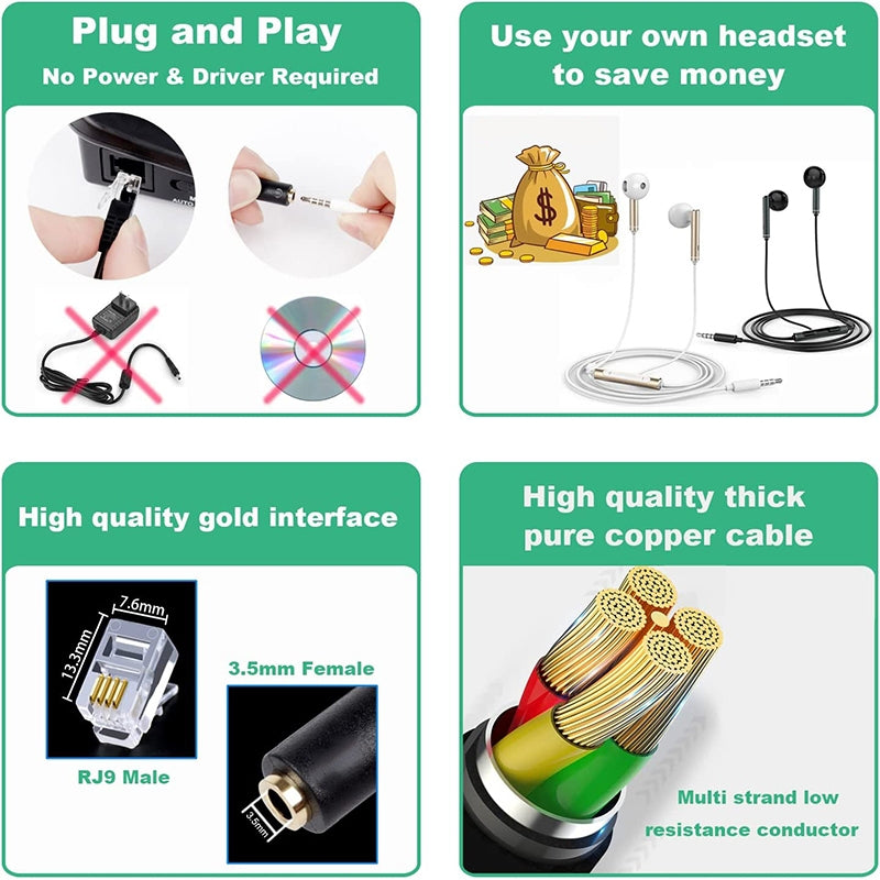 3.5mm-Jack-to-RJ9-PC-/-Mobile-Phones-Headset-to-Office-Phone-Adapter-Convertor-Cable,-Length:-32cm(Black)