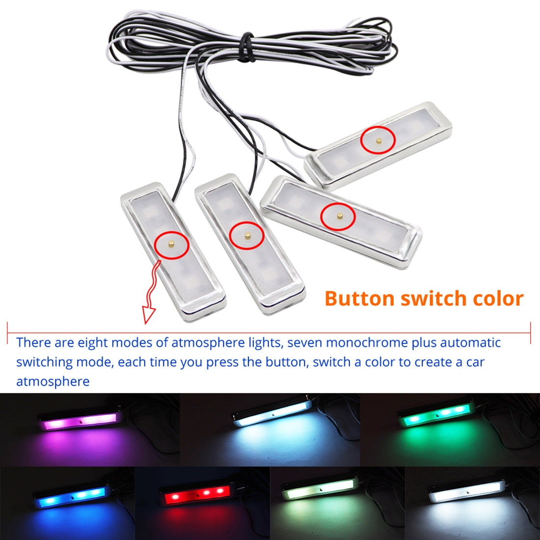 4-PCS-Universal-Car-Colorful-LED-Inner-Handle-Light-Atmosphere-Lights-Decorative-Lamp-DC12V-/-0.5W-Cable-Length:-70cm-(Colour)