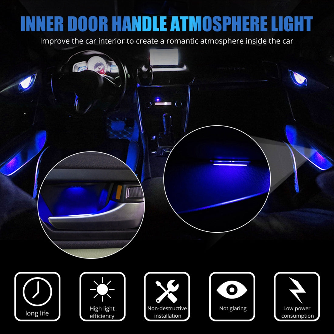 4-PCS-Universal-Car-Colorful-LED-Inner-Handle-Light-Atmosphere-Lights-Decorative-Lamp-DC12V-/-0.5W-Cable-Length:-70cm-(Colour)