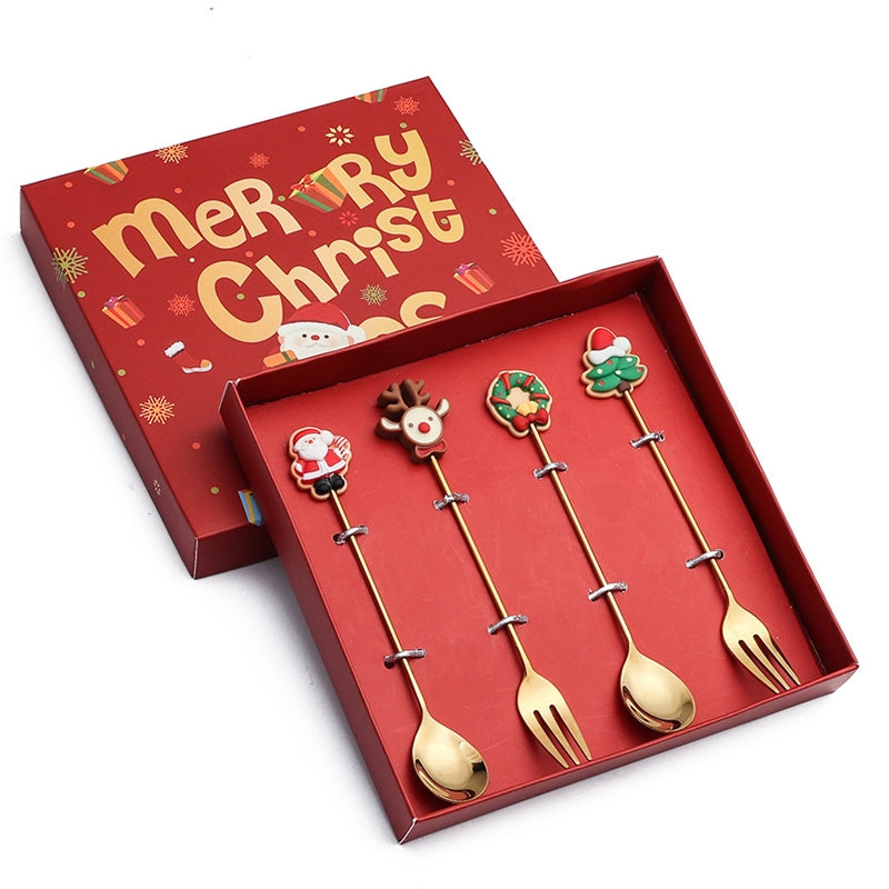 4pcs-/Pack-Christmas-Gift-Spoon-Cartoon-Fruit-Fork-Dessert-Coffee-Scoop,-Style:-A
