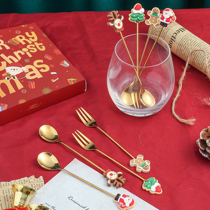 4pcs-/Pack-Christmas-Gift-Spoon-Cartoon-Fruit-Fork-Dessert-Coffee-Scoop,-Style:-A