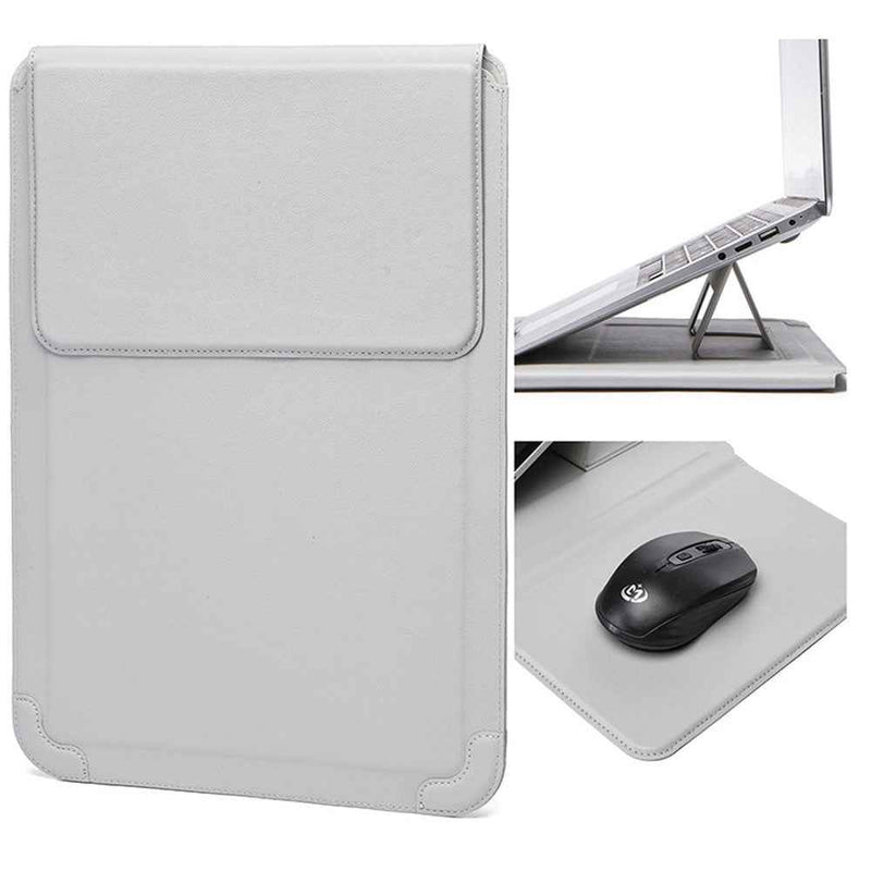 15-16 inch Laptop Sleeve Case PU Leather Ultra Thin Carrying Bag with Folding Stand - Grey