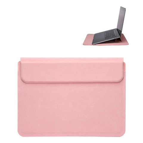 15-16 inch Leather Laptop Sleeve Ultra-Slim Computer Carrying Case with Foldable Stand and Soft Inner Lining - Pink