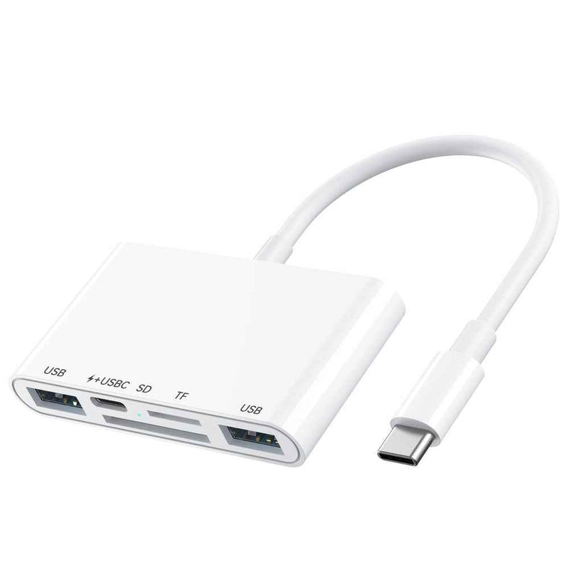 5 in 1 Type-C OTG Adapter USB-C to 2x USB 2.0, 1x USB-C PD 15W / SD TF Card Reader for iPhone/MacBook/USB C Devices