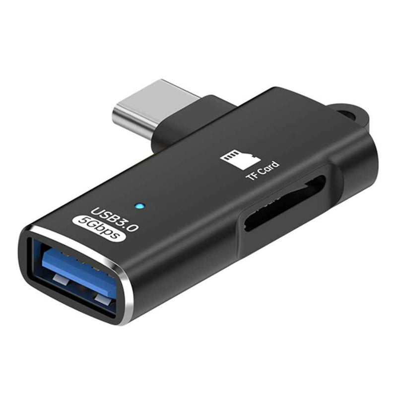 TYS-304 Angled Type-C OTG Adapter to USB 3.0 + TF Card Slot Converter for Mouse / Keyboard / Flash Drive / SSD - Black