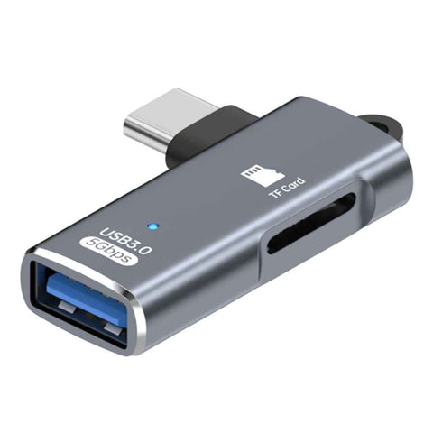 TYS-304 Angled Type-C OTG Adapter to USB 3.0 + TF Card Slot Converter for Mouse / Keyboard / Flash Drive / SSD - Grey