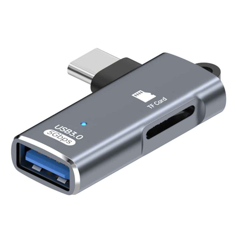 TYS-304 Angled Type-C OTG Adapter to USB 3.0 + TF Card Slot Converter for Mouse / Keyboard / Flash Drive / SSD - Grey