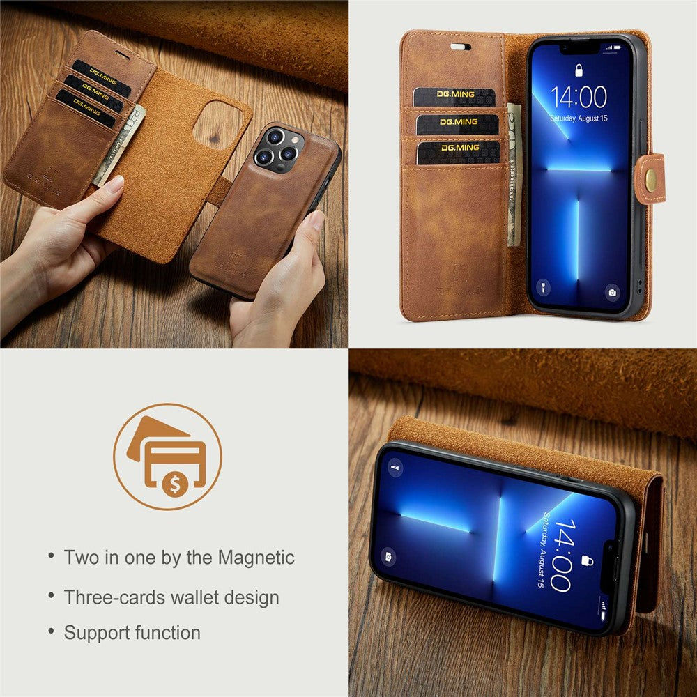 DG.MING-For-iPhone-14-Pro-Max-6.7-inch-Wallet-Magnetic-Detachable-Case-Split-Leather-Stand-Flip-Phone-Cover-Brown