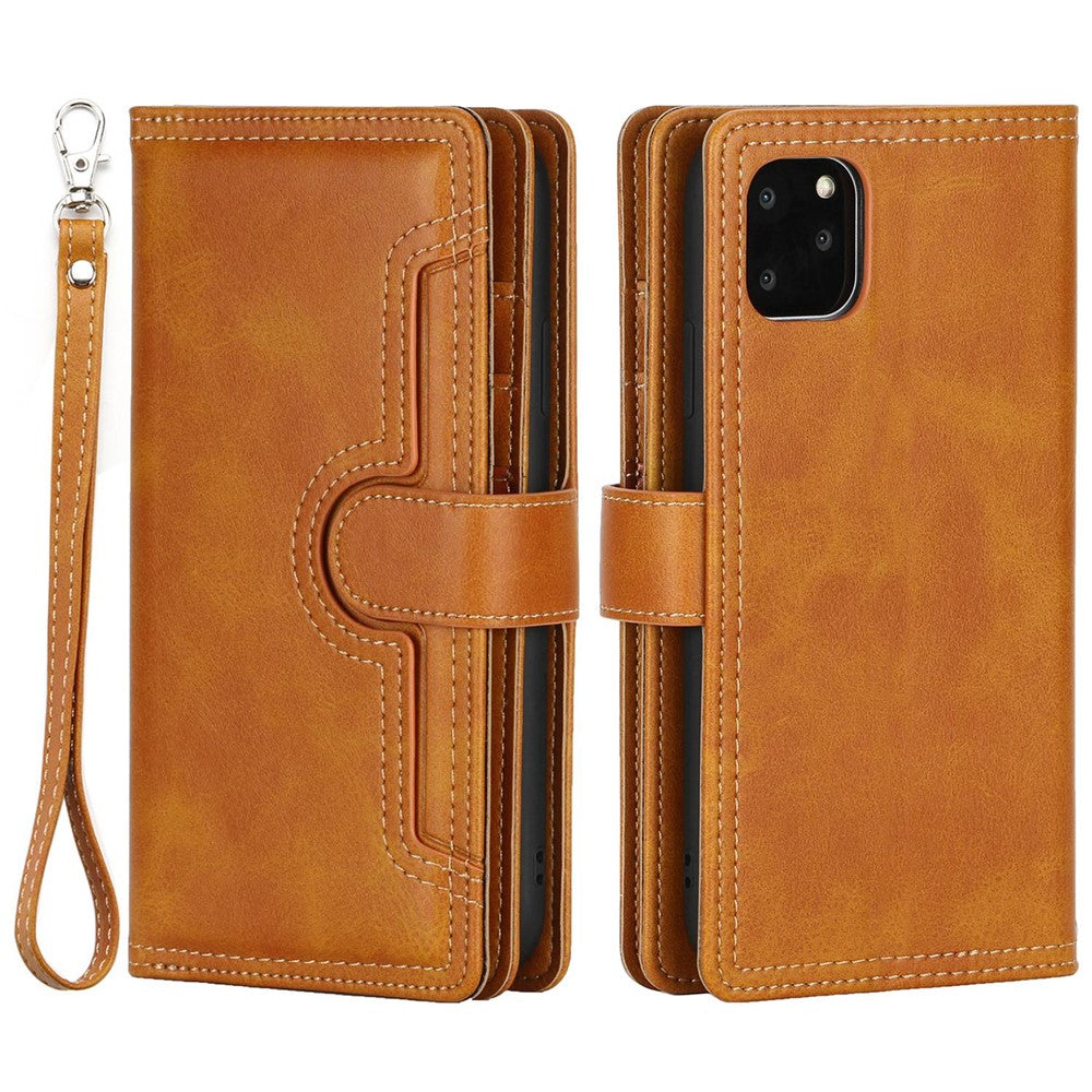 For-iPhone-14-6.1-inch-Wallet-Flip-Phone-Cover-Split-Leather-Multiple-Card-Slots-Magnetic-Closure-Stand-Cover-with-Hand-Strap-Brown