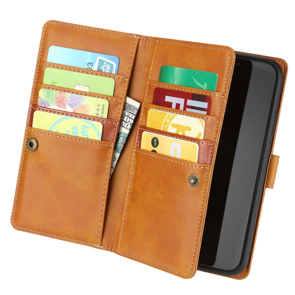 For-iPhone-14-6.1-inch-Wallet-Flip-Phone-Cover-Split-Leather-Multiple-Card-Slots-Magnetic-Closure-Stand-Cover-with-Hand-Strap-Brown