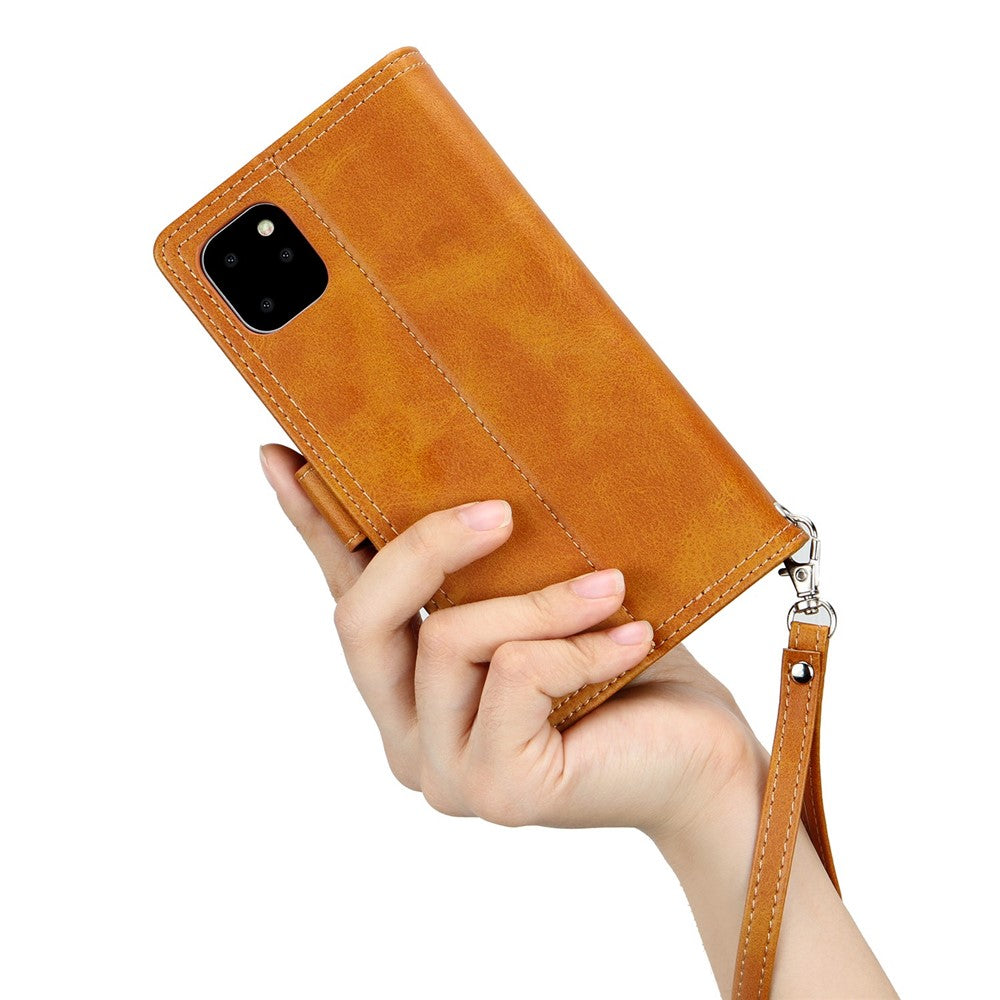 For-iPhone-14-6.1-inch-Wallet-Flip-Phone-Cover-Split-Leather-Multiple-Card-Slots-Magnetic-Closure-Stand-Cover-with-Hand-Strap-Brown