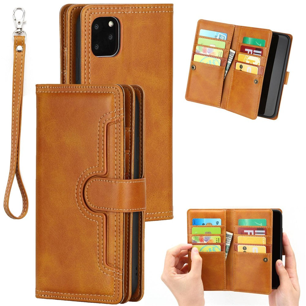 For-iPhone-14-6.1-inch-Wallet-Flip-Phone-Cover-Split-Leather-Multiple-Card-Slots-Magnetic-Closure-Stand-Cover-with-Hand-Strap-Brown