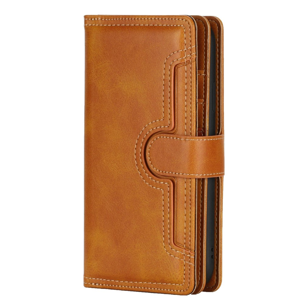For-iPhone-14-6.1-inch-Wallet-Flip-Phone-Cover-Split-Leather-Multiple-Card-Slots-Magnetic-Closure-Stand-Cover-with-Hand-Strap-Brown