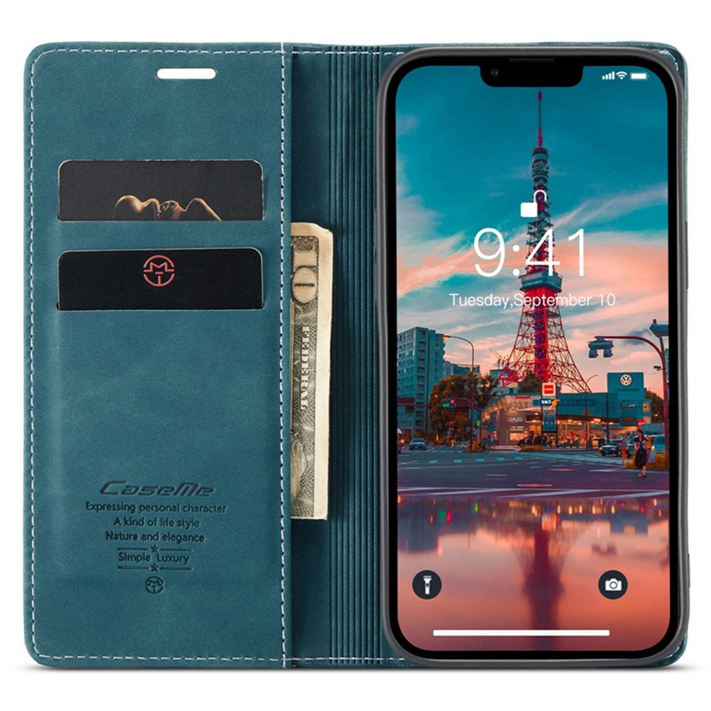 CASEME-013-Series-for-iPhone-14-6.1-inch-Shockproof-PU-Leather-Wallet-Case-Magnetic-Auto-absorbed-Stand-Phone-Cover-Blue