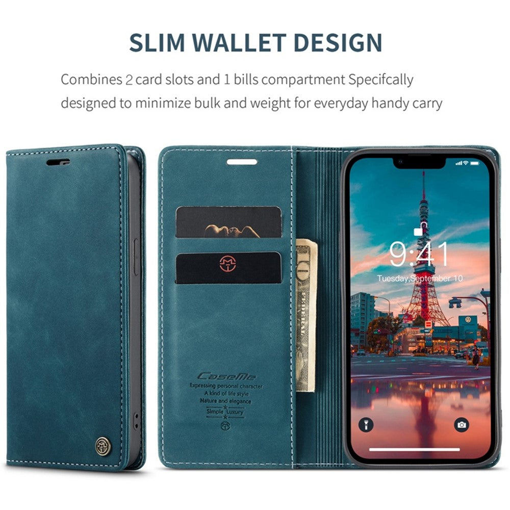 CASEME-013-Series-for-iPhone-14-6.1-inch-Shockproof-PU-Leather-Wallet-Case-Magnetic-Auto-absorbed-Stand-Phone-Cover-Blue