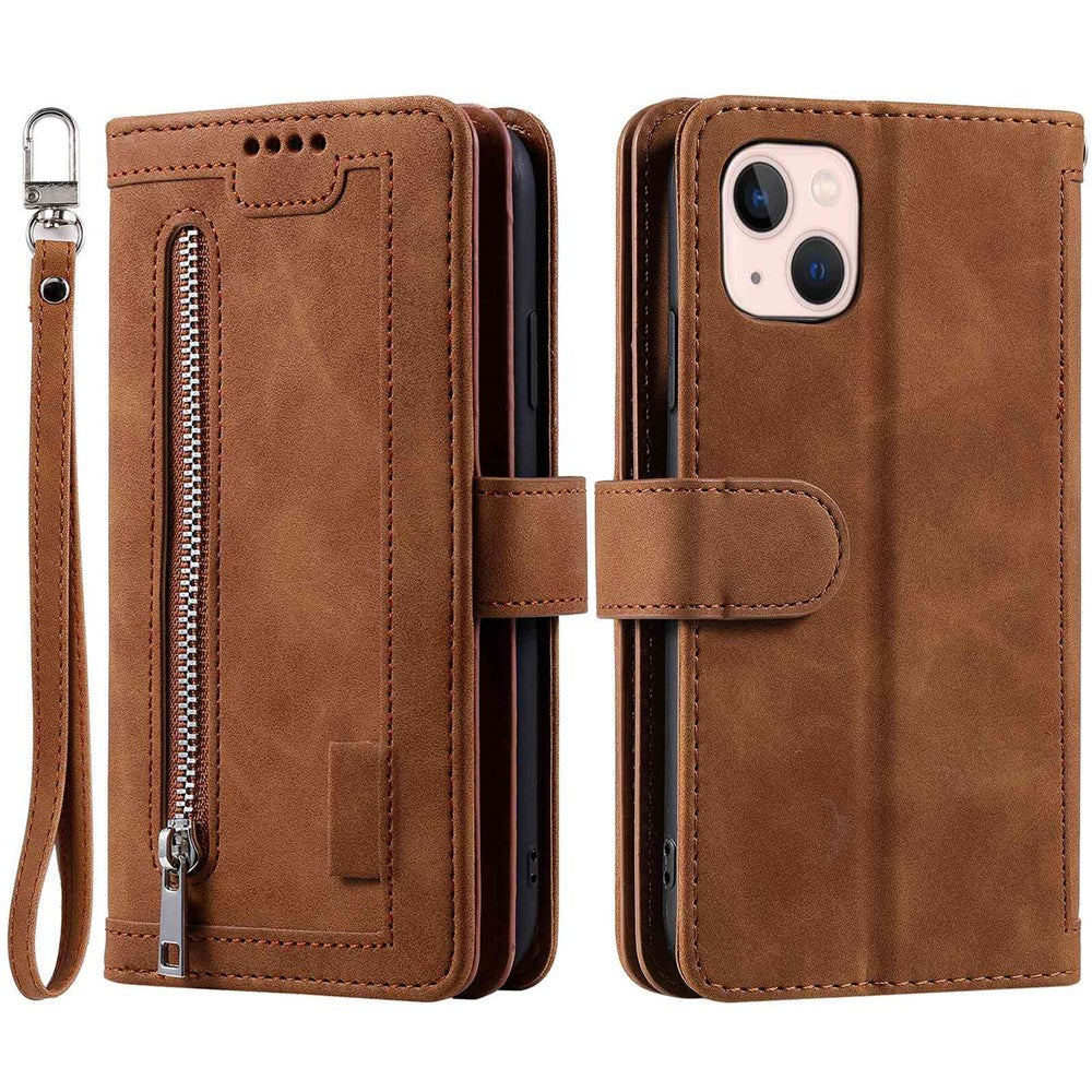 For-iPhone-14-6.1-inch-Zipper-Pocket-Design-9-Card-Slots-PU-Leather-Case-Magnetic-Closure-Stand-Wallet-Cover-with-Strap-Brown