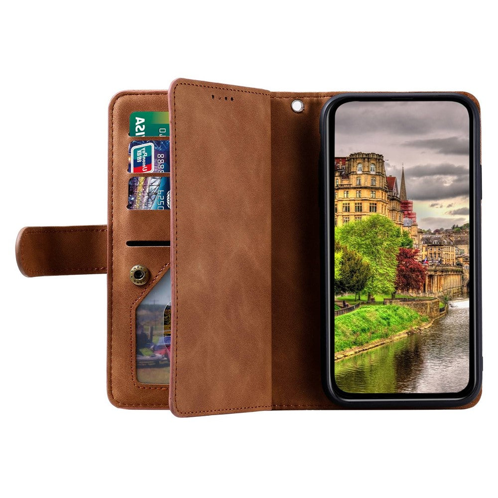 For-iPhone-14-6.1-inch-Zipper-Pocket-Design-9-Card-Slots-PU-Leather-Case-Magnetic-Closure-Stand-Wallet-Cover-with-Strap-Brown