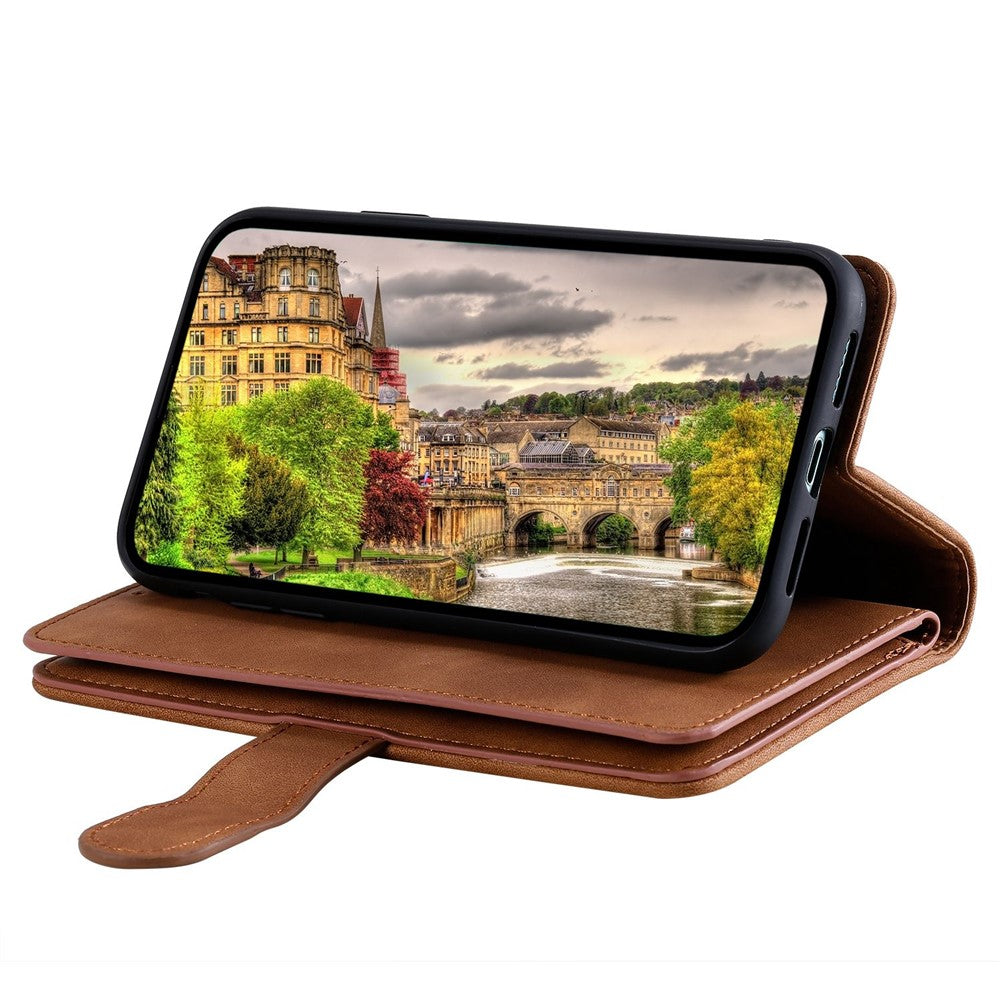 For-iPhone-14-6.1-inch-Zipper-Pocket-Design-9-Card-Slots-PU-Leather-Case-Magnetic-Closure-Stand-Wallet-Cover-with-Strap-Brown