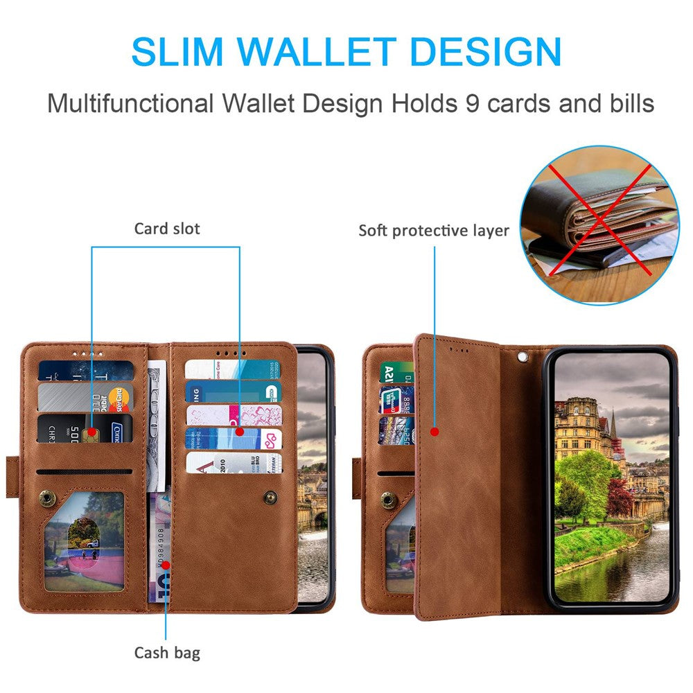 For-iPhone-14-6.1-inch-Zipper-Pocket-Design-9-Card-Slots-PU-Leather-Case-Magnetic-Closure-Stand-Wallet-Cover-with-Strap-Brown